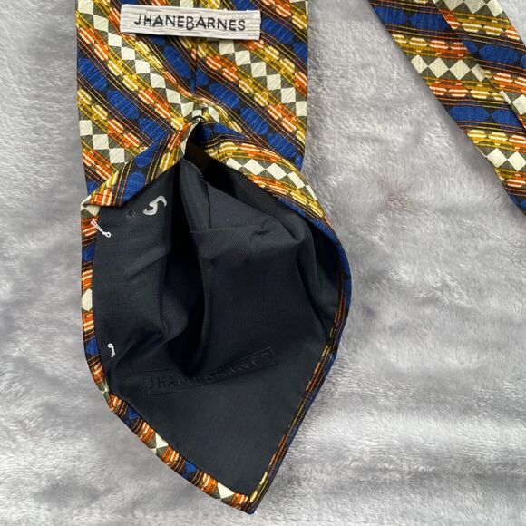 Jhane Barnes Mens Neck Tie 100% Silk Made in Japan Navy Gold Geometric Stripe - Picture 8 of 13